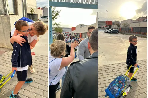 Mi hijo empezó primer grado en un colegio público en España y esto sentí Karen despide a su hijo Toto en la puerta del cole: empezó primer grado.