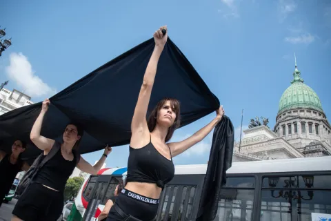 25N: Día Internacional de la Eliminación de la Violencia Contra las Mujeres, un día de reclamos y marchas Reclamos por los femicidios en Argentina a través de una intervención frente al Congreso de la Nación el Día Internacional de la Mujer el año pasado.