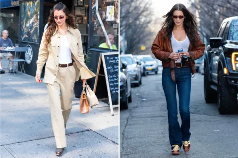 Guía de estilo: los mejores looks de Bella Hadid para inspirarte y lookear tu clásica remera blanca Dos fotos de Bella Hadid en la calle.