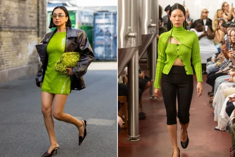 Verde brat: conocé la historia del color tendencia que es furor y dónde conseguirlo en Argentina Dos mujeres en la Copenhague Fashion Week.