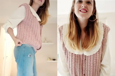 Tutorial de tejido gratuito: hacé tu propio chaleco de lana o algodón con este paso a paso bien fácil Dos fotos de una mujer usando un chaleco tejido.