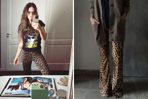 La China Suárez tiene las leggings animal print que son tendencia: ¿dónde comprarlas online? Una foto de la China Suárez y de una modelo mujer usando calzas animal print.