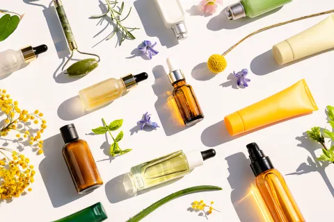 Skincare natural: 5 plantas medicinales para tener una piel suave, sana y luminosa Plantas y frascos de skincare.