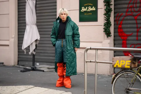 Looks de invierno para un día de lluvia inspirados en el street style Mujer con pilota para lluvia y botas
