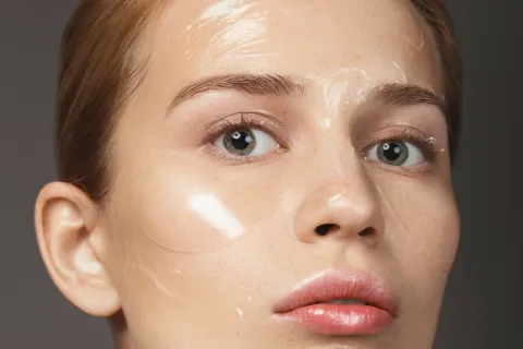 Slugging: así es la tendencia beauty que es viral en TikTok para tener una piel brillante Primer plano de un rostro con geles transparentes en la piel.