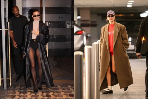 Los mejores looks de Hailey Bieber para inspirarte y lookear tus tapados Dos fotos de Hailey Bieber en la calle.