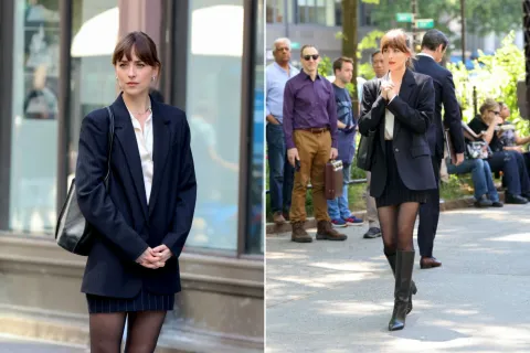 Cómo conseguir este look de oficina de Dakota Johnson con prendas de Avellaneda Dos fotos de Dakota Johnson en la calle.