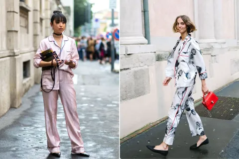 Guía de estilo para el finde: 8 looks comfy de street style con pijama, la prenda tendencia Dos fotos de mujeres usando pijamas en la calle.