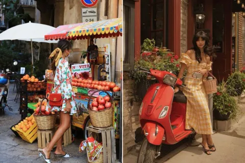 Adelanto verano 2025: qué es la tendencia "tomato girl" y dónde comprar prendas en Argentina Dos fotos de mujeres en la calle vistiendo el estilo tomato girl.