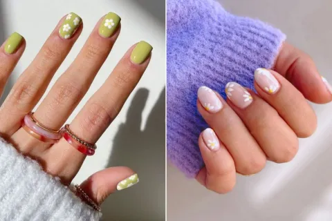 8 diseños de nail art inspirados en la serie Margarita Dos fotos de manos de mujeres usando diseños de uñas con margaritas.