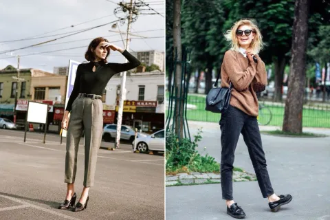 Cómo es el pantalón cigarette que vuelve a ser tendencia y 5 formas para combinarlo Dos mujeres en la calle usando pantalones cigarette.