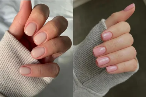 Base rubber: cómo es el esmalte viral que protege tus uñas Dos fotos de manos con manicura con base rubber.