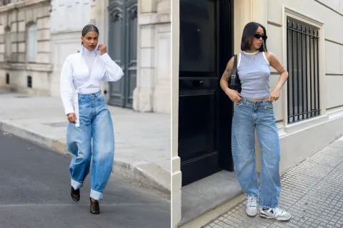 Adelanto tendencias 2025: cómo es el jean barrel y dónde conseguirlo en Argentina Dos fotos de mujeres usando jean con corte barrel.