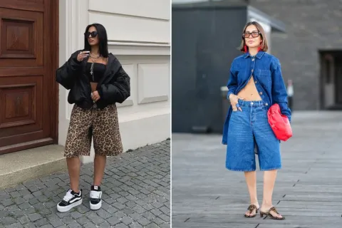 Alerta tendencias 2025: cómo lookear tus bermudas esta temporada Dos fotos de mujeres en la calle usando bermudas.