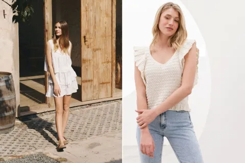 Tendencia verano 2025: dónde conseguir ropa con estilo romántico en Avellaneda Dos fotos de dos modelos usando ropa de Flores.