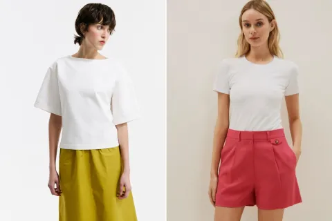 5 marcas argentinas donde podés comprar la remera básica ideal para esta primavera Dos fotos de modelos mujeres usando remeras blancas.