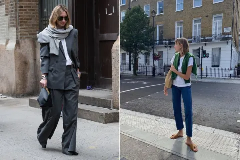 Dos fotos de mujeres en la calle usando un suéter al hombro.