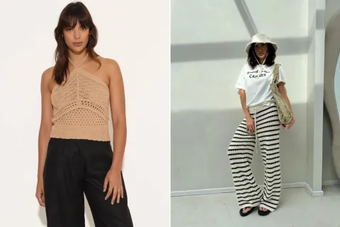 Tendencia primavera verano 2025: el crochet va a ser furor esta temporada Dos fotos de modelos mujeres usando pendas en crochet.