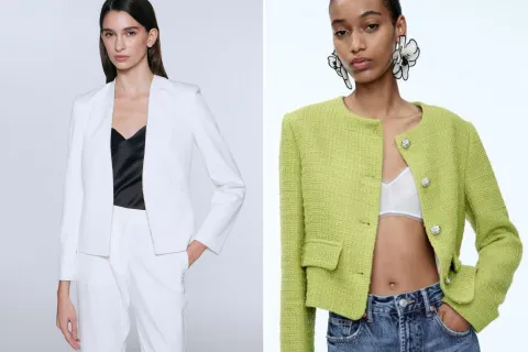 Cuál es la prenda perfecta para los outfits de media estación y dónde conseguirla Dos fotos de modelos mujeres usando blazers sin solapa.