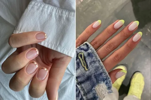 Francesitas: 8 diseños de uñas con los colores tendencia de esta primavera Dos fotos de manos con manicura francesa en colores.
