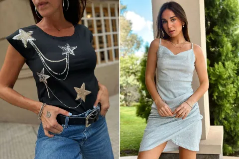 Las 6 mejores marcas de Avellaneda para comprar ropa con brillos a buen precio Dos fotos de modelos mujeres con ropa con brillos de Avellaneda.