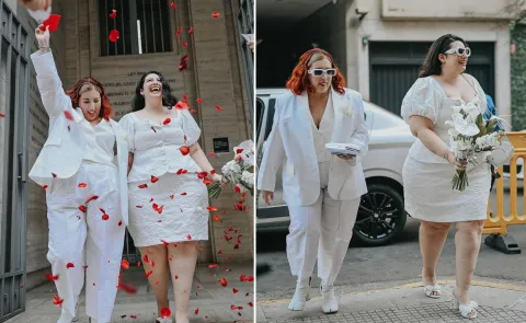 Se casó Online Mami: así fueron los looks cancheros y trendy que eligieron las novias Las influencers saliendo del registro civil después de su boda.