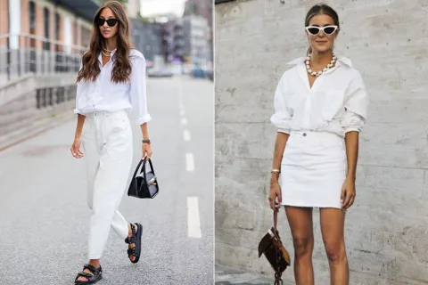 5 formas de usar una camisa blanca y armar looks frescos de verano Dos fotos de mujeres en la calle usando camisas blancas.