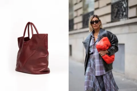 Tendencia verano 2025: así se llevan los bolsos XL esta temporada Una foto de un bolso XL y una foto de una mujer en la calle usando un bolso XL.