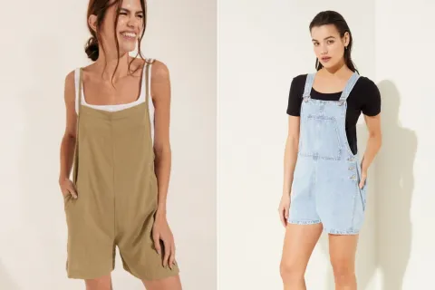 Tendencias moda verano 2025: 5 diseños de jardineros que vuelven a estar de moda Dos fotos de dos modelos mujeres usando jardineros.