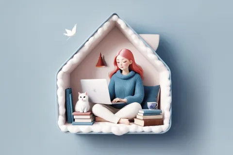 Quedate en tu zona de confort: ¿qué nos pasa si habitamos ese espacio creativamente? Ilustración de una chica en una casita con su laptop.