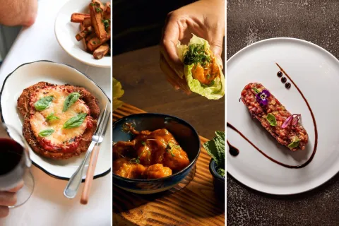 Comer rico en Miami: estos son los tres restaurantes que tenés que conocer si vas a Florida Tres platos de distintos restarantes: una milanesa napolitana, un pollo con salsa y un tartare de carne.