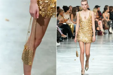 Así es el bolso más caro del mundo que presentó Paco Rabanne en Paris Fashion Week Dos fotos de la cartera de oro de Paco Rabanne en Paris Fashion Week.