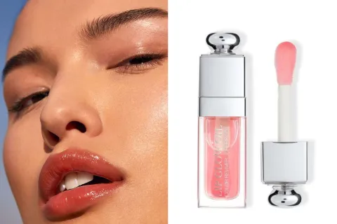 Cuál es el producto para labios que es furor esta temporada y dónde conseguirlo en Argentina Una foto de una mujer usando lip oil y una foto de un lip oil de Dior.