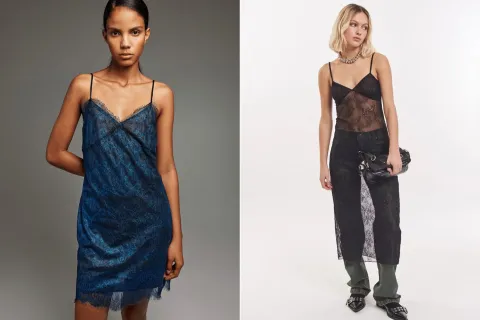 Adelanto tendencias 2025: 5 vestidos con encaje que podés comprar online Dos fotos de dos modelos mujeres usando un vestido con encaje.