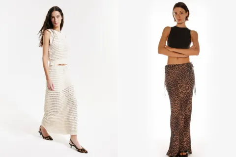 Tendencias primavera verano 2025: cómo usar las faldas largas y dónde conseguirlas Dos fotos de dos modelos mujeres usando faldas largas.