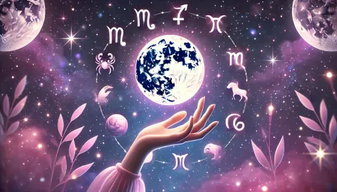 Calendario lunar de septiembre: llega el Equinoccio de primavera, enterate qué significa y qué te deparan las fases de la Luna La rueda zodiacal, con los símbolos de los 12 signos astrales y una mano sosteniendo una luna en el centro.