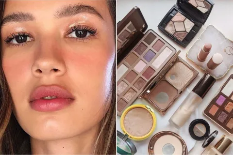 Cómo armar tu kit básico de maquillaje con productos buenos y accesibles Una foto de una mujer maquillada y una foto de un kit de maquillaje.
