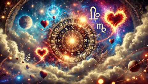 Horóscopo del amor y el sexo del 22 al 24 de noviembre: ¿cuál será tu pulso astral del fin de semana? La rueda zodiacal, con los símbolos de los 12 signos astrales, sobre un fondo de nubes y planetas.