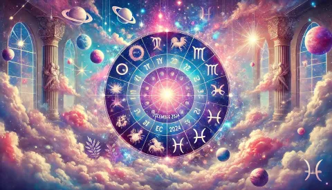 Horóscopo de diciembre 2024: las predicciones mensuales para todos los signos La rueda zodiacal, con los símbolos de los 12 signos astrales, sobre un fondo de nubes y planetas.