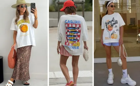 Frutas y muchos colores: la estampa que será furor esta temporada Tres mujeres usando remeras estampadas