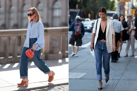 7 formas de combinar tus jeans para ir a la oficina en verano Dos fotos de mujeres usando looks con jean en la calle.