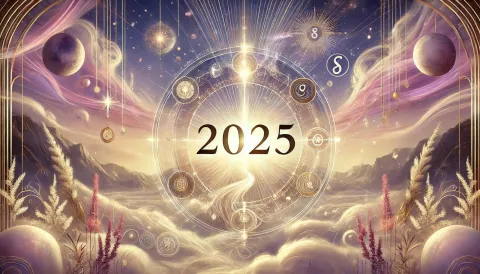 Numerología: cuál será tu energía del 2025, según tu fecha de nacimiento El número 2025 rodeado de una rueda de símbolos numerológicos y un fondo de nubes.