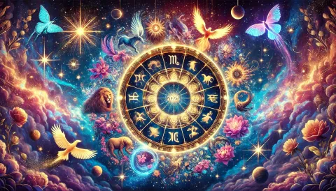 Predicciones 2025: descubrí cuál será la mayor transformación de tu signo para el próximo año La rueda zodiacal, con los símbolos de los 12 signos astrales sobre un fondo con planetas, animales y flores.