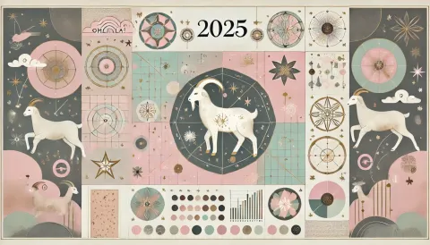 Horóscopo chino de enero 2025: las predicciones de Ludovica Squirru para este mes ilustraciones para el horóscopo chino del año 2025 con formas circulares y cuadradas de color rosa y celeste. En el centro y en los extramos izquierdo y derecho una cabra blanca con estrellas de fondo