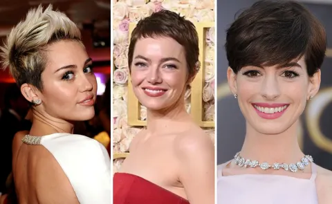 Adiós al pelo largo: de Anne Hathaway a Emma Stone, las famosas que se animaron a usarlo corto miley cyrus, emma y Anne con el corte de pelo pixie