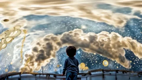 El Planetario de Buenos Aires suma una experiencia inmersiva: “Travesía Intergaláctica: la Ciudad Hidroespacial de Gyula Kosice” Niño mirando hacia un cielo abierto ilustrado con nubes, estrellas y demás objetos celestes en una galaxia