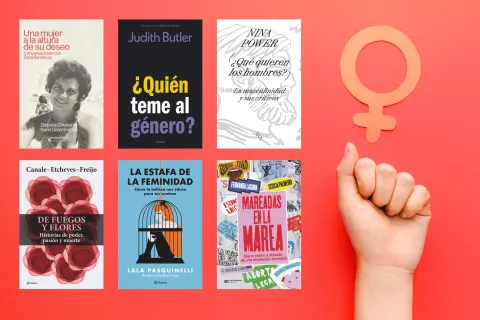 8M: estos son los libros imprescindibles del nuevo feminismo para celebrar el Día de la Mujer Un puño levantado con un símbolo del feminismo y portadas de libros.