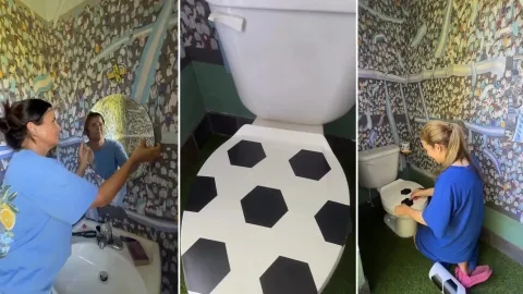 El baño temático de Lionel Messi que se volvió viral: dos amigas homenajearon así al capitán argentino Tríptico de una señora empapelando un toilette con la imagen de messi y una tribuna futbolera del mundial 2026