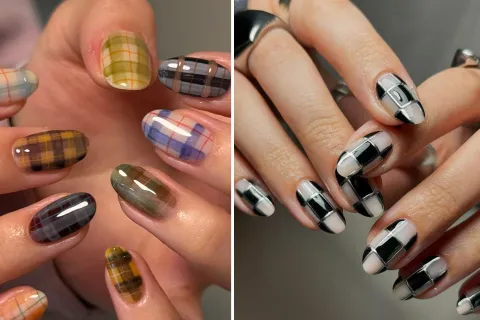 Las check nails son manicuras con un estampado a cuadros: pueden ser cuadros grandes tipo tablero de ajedrez (también conocidas como checkerboard nails), o líneas finas 