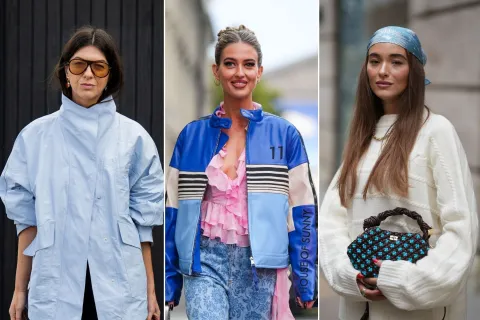 Tres mujeres con looks en tonos celestes en copenhague fashion week